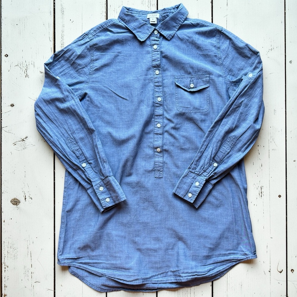 J.Crew Blue Chambray Tunic Shirt Women’s Medium Cotton Button Front Long Sleeve